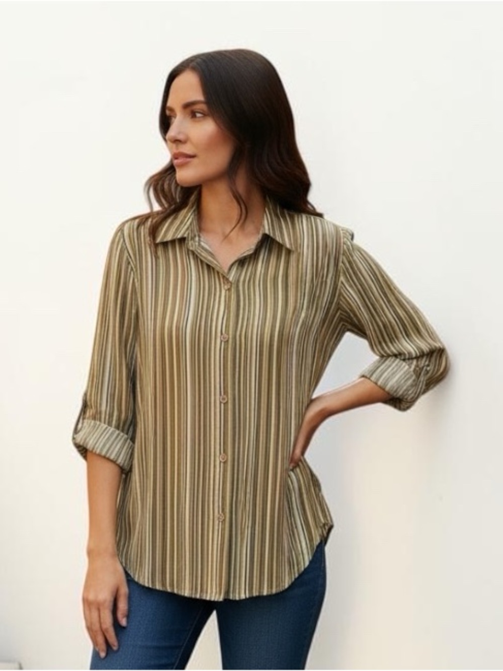 Josephine Chaus 100% Silk Button Front Blouse Large Olive stripe Roll Tab Sleeve